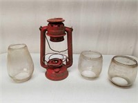 Old Tin Lantern & Glass Lantern Shades