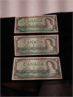 3 Canadian $1 Bill's 1954 x2. 1967 x1.