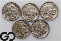 5-coin Lot, 1938-D Buffalo Nickels, Circulated