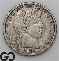 1911-S Barber Half Dollar, VF+, Bid: 188