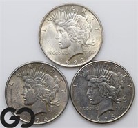 3-coin Lot, Peace Silver Dollars, XF, AU, BU