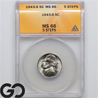 1943-S Jefferson Nickel, ANACS MS66, Guide: 85