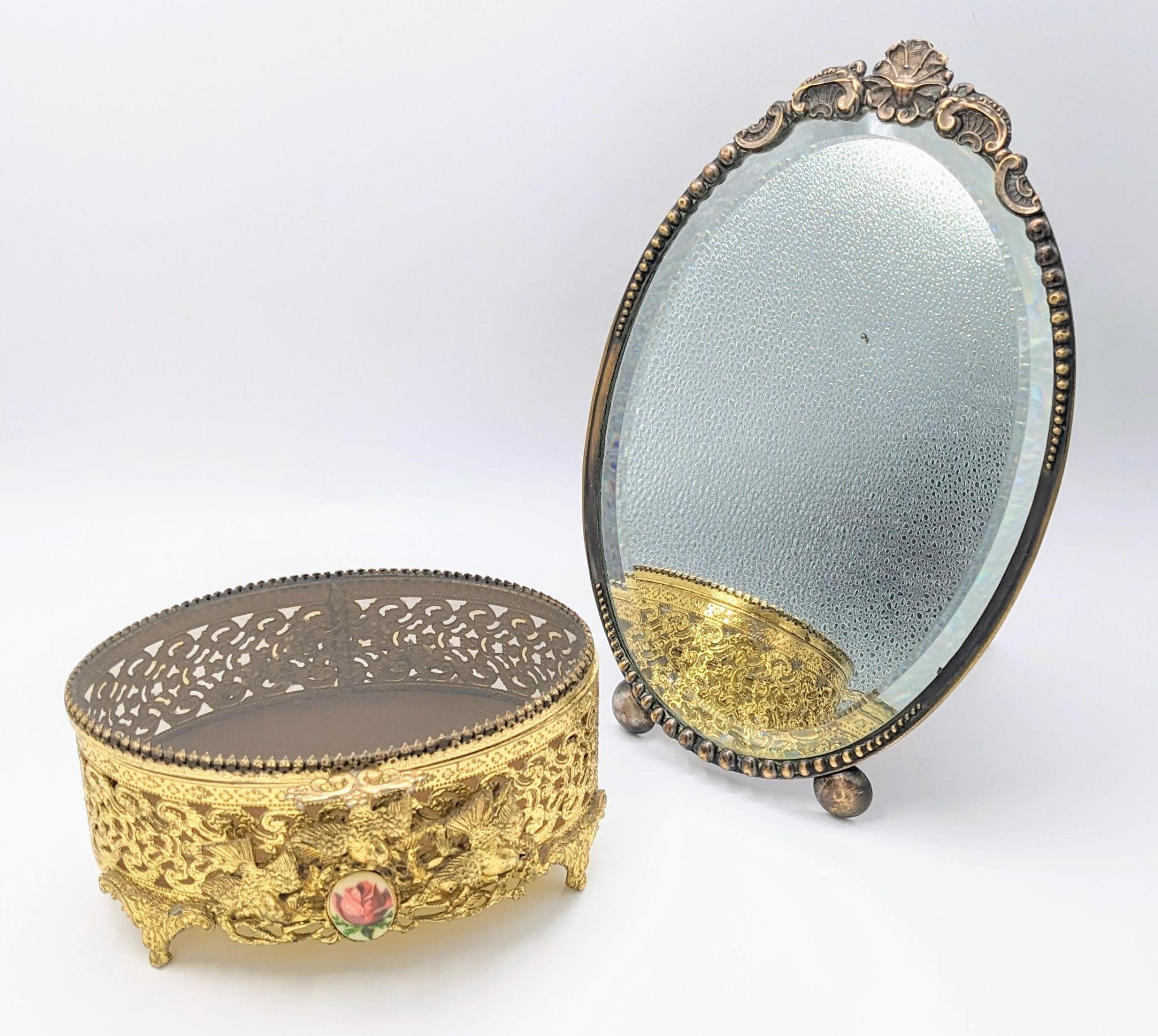 LOT Oval Filigree Jewelry Box And Art Deco Mirror