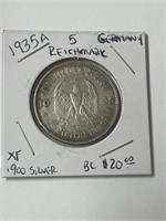 1935 Germany 5 reichmark XF grade