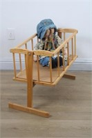 CHILDS TOY DOLL CRADLE WITH VINTAGE TOY DOLL