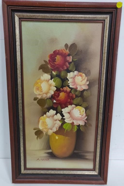 Framed Signed Flower Painting On Canvas