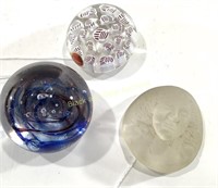 (3) Paper Weights: Frosted, Signed MG 93, & Murano