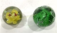 (2) Paper Weights: Green Bubble & Yellow Rose