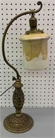 Quezal Pulled Feather Art Glass & Brass Table Lamp