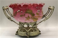 Cranberry Glass Enamel Decorated & S P Center Bowl