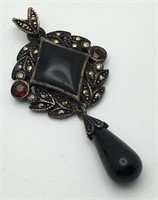 Sterling Pendant W Black, Red & Marcasite Stones