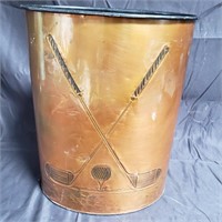 Vintage copper golf-theme wastebasket, signed
