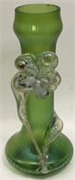 Green Iridescent Art Glass Vase W/ Applied Flower