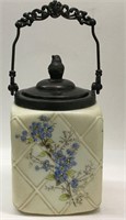 Floral Decorated Glass Biscuit Jar With Bird Lid