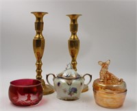 GROUP OF GLASS TRINKET DISHES, BRASS CANDLESTICKS