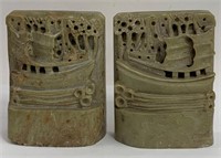 Pair Of Oriental Carved Stone Ship Bookends