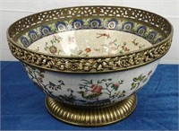 Brass Rimmed Oriental Porcelain Bowl w/Brass Base