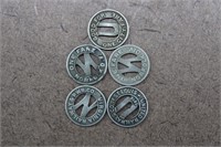 2 St. Louis 1919 & 3 VA Norfolk Transit Tokens