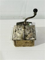 antique cast iron coffee mill with wood box