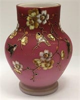 Enamel Decorated Pink Satin Case Glass Vase