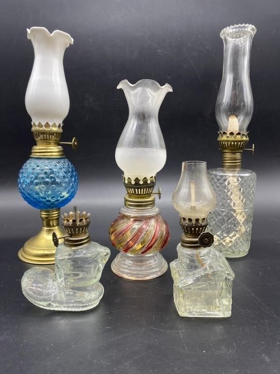 (5) Novelty Glass Oil Lamps, 2 marked Hong Kong