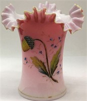 Enamel Decorated Pink Satin Glass Vase