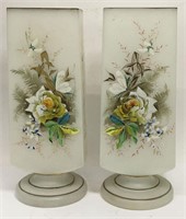 Pair Of Enamel Decorated White Glass Vases