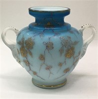 Enamel Decorated Blue Satin Glass Vase