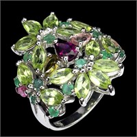 Natural Emerald Rhodolite Garnet Tourmaline Ring