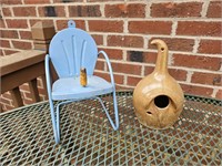 decorative outdoor, pottery birdhouse, metal chair