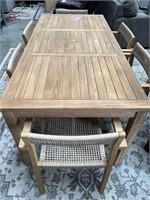 WOOD PATIO TABLE AND TEAK CHAIRS SET RETAIL$5,999