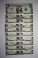 10 Consecutive Serial # US $1 DOLLAR BILLS Here is