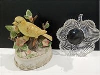 Cut Glass Candy Dish and Yellow Bird Statue