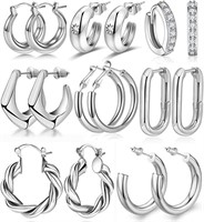 8 Pairs Delicate Silver Hoop Earrings Sets