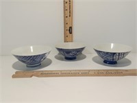 3 Blue And White Small Serving Bowls