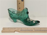 Hand Painted and Signed Fenton Green Glass Slipper