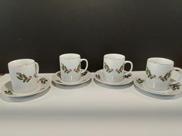 4- Holly Berry Coffee Cups and Saucers