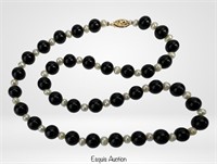 Pearls & Black Onyx Beaded Necklace w/ 14k Gold Cl