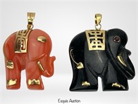 14k Gold Red & Black Jade Carved Elephant Pendants