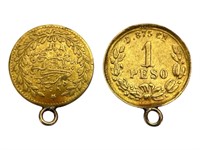 Two Gold Coin Pendants- Mexican Peso & Turkish Kur