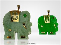 Two 14k Gold Green Jade Elephant Carved Pendants