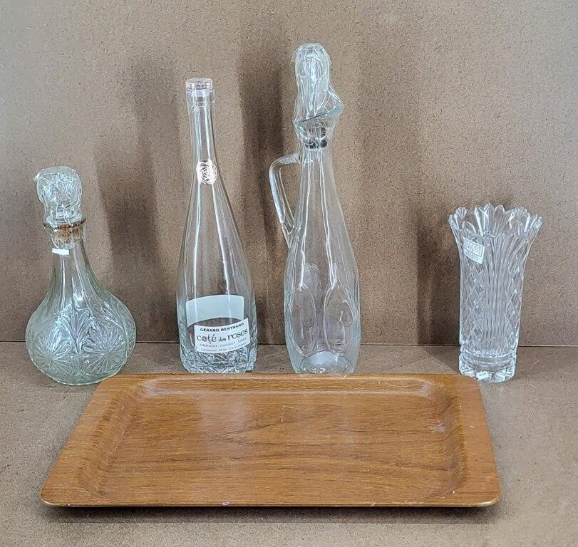 Wooden Platter,Crystal Vase & 3 Decanters