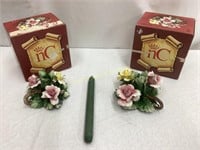 2 Flowered nuova capodimonte candle holders and 1