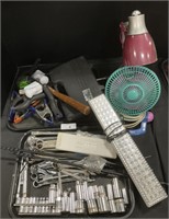 Various Tools, Sockets, Desk Fan & Light.
