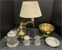 Brass Lamp & Bowl, Pewter Steins & Dish.