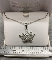 Sterling Silver.10TW Dia Crown Pendant 18" NEW