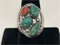 Sterling Turquoise & Coral Ring 20.7gr TW Sz 8.5