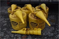 Five yellow 5 gallon Eagle Safety fuel cans with 1