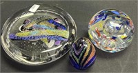 3 Signed Blown Glass Paper Weight's.