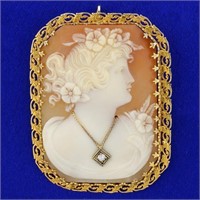 Vintage Diamond Cameo Pendant or Pin in 14K Yellow